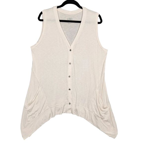 LOGO by Lori Goldstein Tops - LOGO LORI GOLDSTEIN Cream Sharkbite Sleeveless Button Cardigan Vest SIZE LARGE